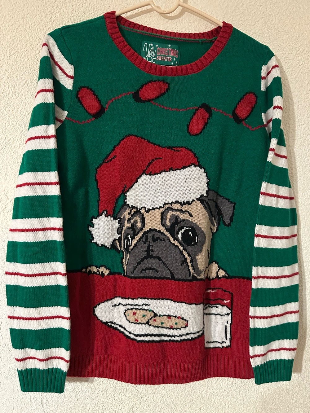 Ugly Christmas Sweater Co. Unisex Pug Cookies Red/Green Cotton Blend Size M